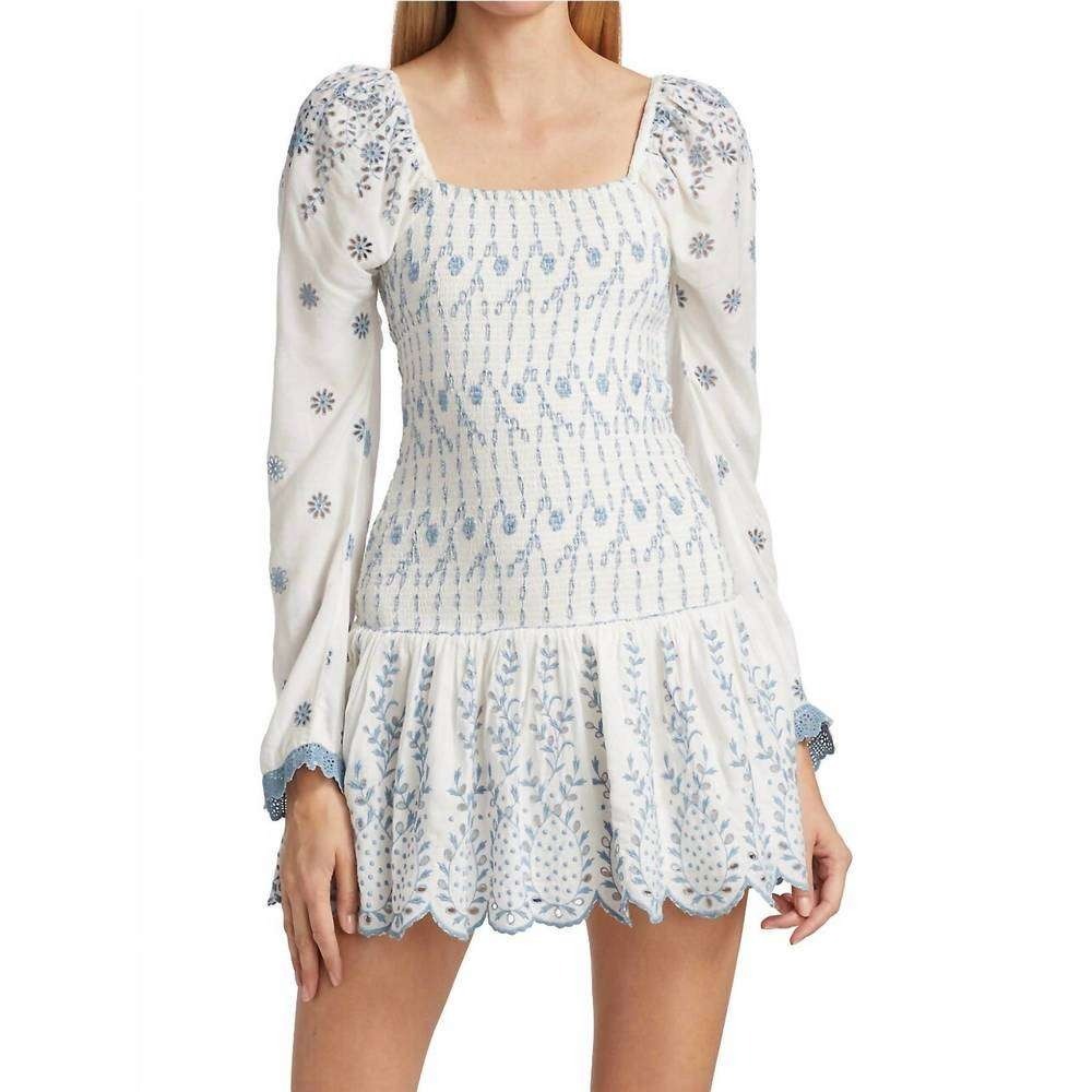 LoveShackFancy Jayce Dress Ivory Shores Blue White Smocked Mini Small NEW